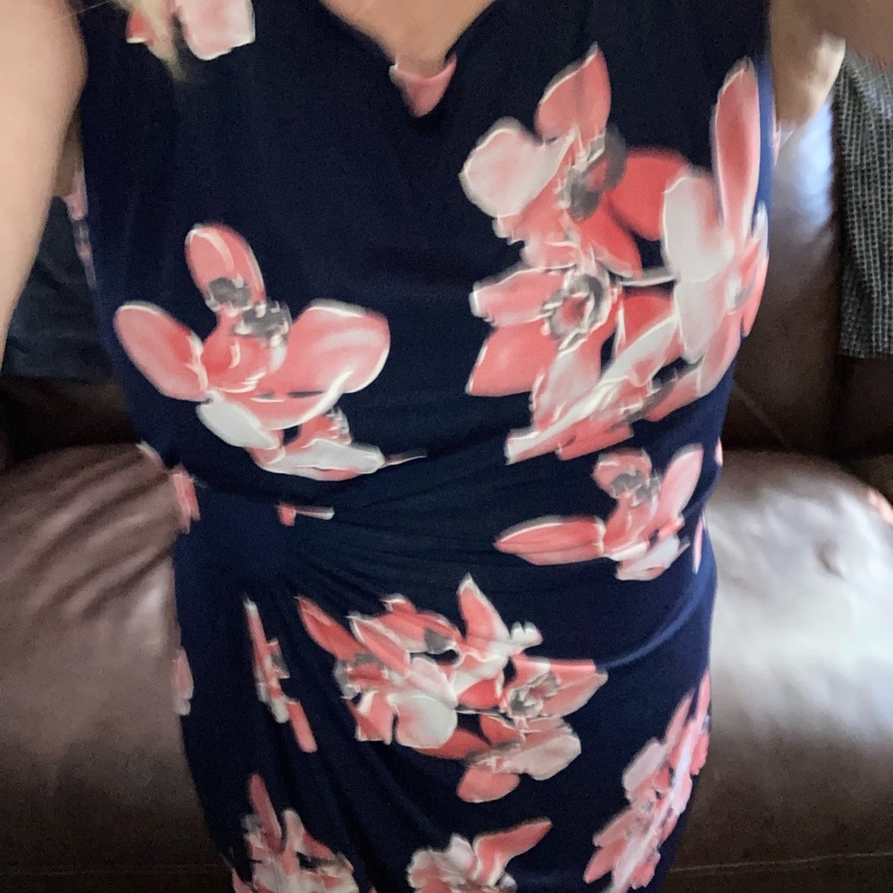 Navy blue faux wrap dress w coral flower pattern